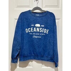 Oceanside California Graphic Sweatshirt Blue Acid Wash Pullover Womens Large